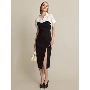 Toccin Collared Shirt Dress Black and White Midi Dress with Front Slit Size 0
